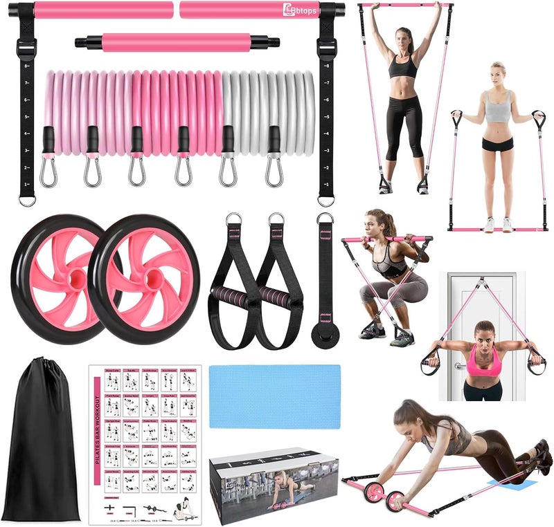 Bbtops Pilates Bar Kit with Resistance Bands,Ab Roller,2 in 1 Foot Strap & Handle,Door Anchor Pilates Equipment with Resistance Bands, Portable Home Gym Yoga Fitness Bar for Women & Men - Image 1